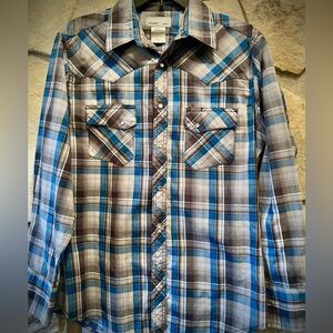 Wrangler Wrancher Grey and Blue Plaid Pearl Snap Button Down Shirt M